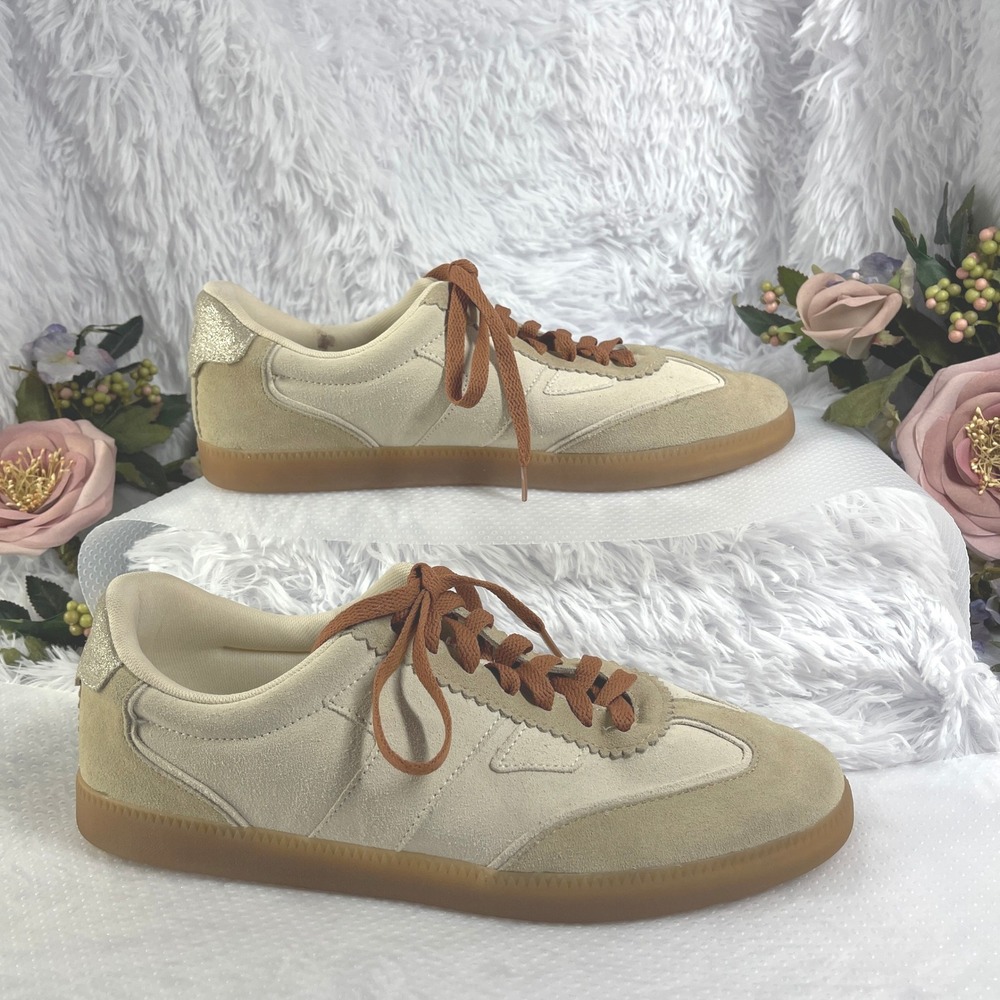 Toms TRVL LITE Sneaker Womens 12 Cream Suede Leather Gum Sole Scalloped Glitter